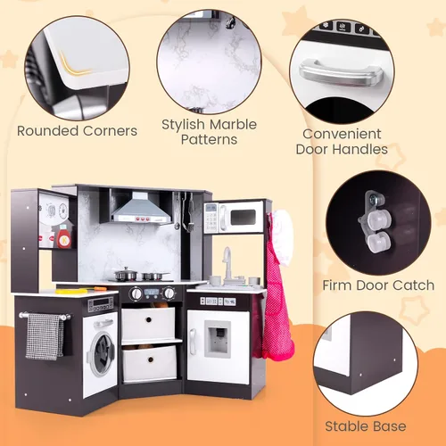 Miniatura 8 de Costzon Cocina de juego de esquina, juego de cocina de madera para niños pequeños con luces y sonidos, sistema de circulación de agua, lavadora