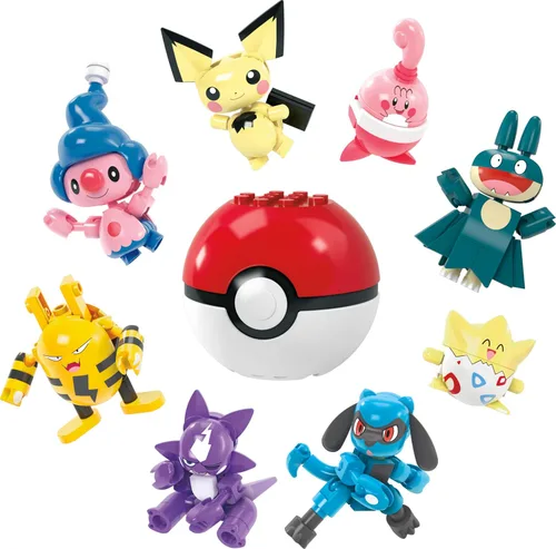 MEGA Juego de Juguetes de Construcción Pokémon Entrenador Paquete de 8 con 189 Piezas, 8 Personajes Articulados y Posables, 2 Pulgadas de Alto, para