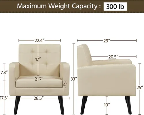 Miniatura 3 de Topeakmart Silla decorativa de mediados de siglo, moderna y acogedora silla de sofá de piel sintética con cojín grueso y patas de madera resistentes