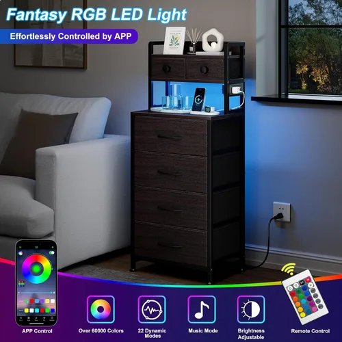 Miniatura 7 de REAHOME Mesita de noche de 41 pulgadas de alto con estación de carga, mesita de noche LED con 6 cajones de tela, mesa auxiliar de cama con estantes