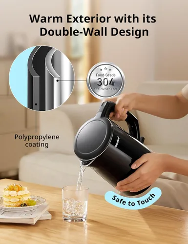 Miniatura 2 de Hervidor eléctrico y tetera de COMFEE', 1.5L de doble pared, interior de acero inoxidable, tapa y pico, hervido rápido, apagado automático y Negro