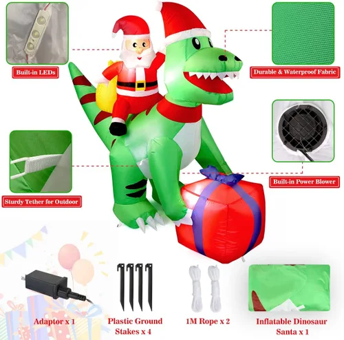Miniatura 3 de Dinosaurio inflable de Navidad de 5 pies con Papá Noel, luces LED, decoración de patio para interiores y exteriores, T-Rex verde con caja de regalo