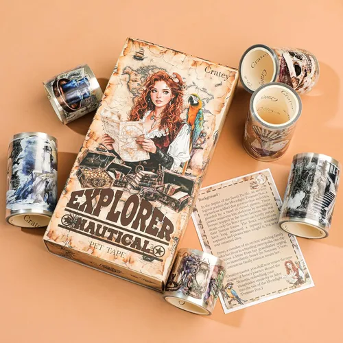 Miniatura 5 de Juego de 6 rollos de cinta adhesiva para mascotas con temática de explorador náutico para álbumes de recortes, cinta decorativa Washi para diario