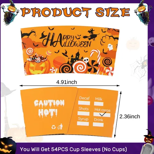 Miniatura 2 de NOVWANG 54 fundas para tazas de café de Halloween, divertidas fundas desechables de papel para tazas de 12 y 16 onzas, bebidas calientes