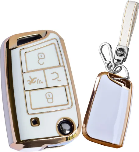 Miniatura 8 de SANRILY Golden-Edge - Funda para llavero de 4 botones para VW Tiguan Golf Jetta Polo Atlas Skoda de protección completa sin llave con llavero