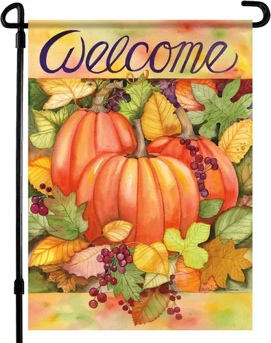 Bandera de jardín de otoño, calabazas y hojas, de 12 x 18 pulgadas, perfecta para el parche de calabazas. Colores de otoño de doble cara con