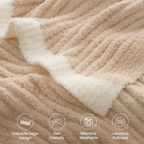 Miniatura 4 de Snuggle Sac Manta suave y acanalada beige para sofá, lujosa manta de punto mullida y acogedora para todas las estaciones, manta netural reversible