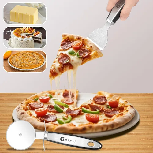 Miniatura 9 de MANJIA Pala perforada de aluminio para pizza de 12 pulgadas, antiadherente, de metal, con cortador basculante (12 x 14 pulgadas), espátula grande