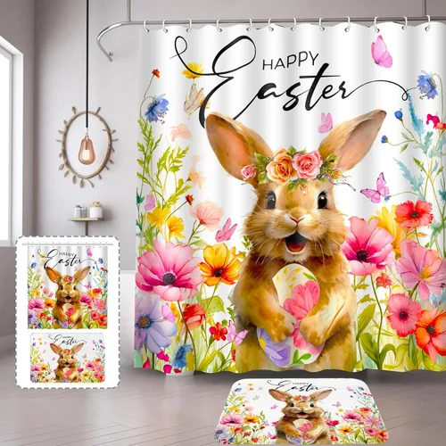 Miniatura 14 de Lutto Cortina de ducha de Pascua, cortinas de ducha de primavera para baño, juego de baño de Pascua con flor de conejo para decoración de baño, 72 x