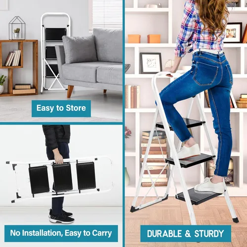 Miniatura 3 de ZENY Taburete plegable de escalera de 3 escalones con pedal antideslizante ancho, mango conveniente, taburete de acero portátil, escalera de acero