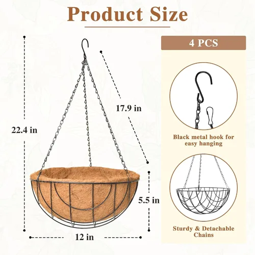 Miniatura 5 de Paquete de 4 macetas colgantes para plantas al aire libre de 12 pulgadas, cesta de flores colgante de metal con forro de fibra de coco, soporte