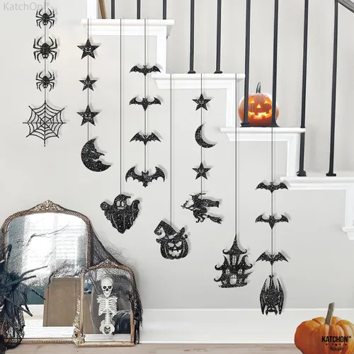 Miniatura 5 de KatchOn, Guirnalda de Halloween negra con purpurina, enorme, paquete de 10 unidades, guirnalda de decoración de fiesta de Halloween con recortes