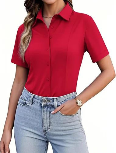 Miniatura 10 de Siliteelon Camisetas de Botón para Mujer, Ajustadas, de Manga Corta, Elásticas, Camisa de Vestir, Sin Arrugas, Sólida, Blusa de Trabajo