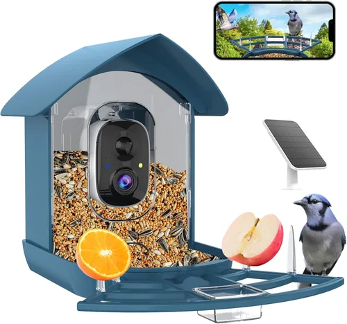 Comedero para pájaros con cámara, video de visión en vivo FHD, cámara inteligente WiFi para pájaros con panel solar, identificación de pájaros AI,
