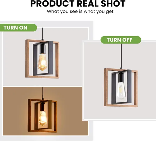 Miniatura 5 de Lámpara colgante estilo granja, luces colgantes negras para isla de cocina, luz colgante de metal industrial y madera vintage, lámpara de techo