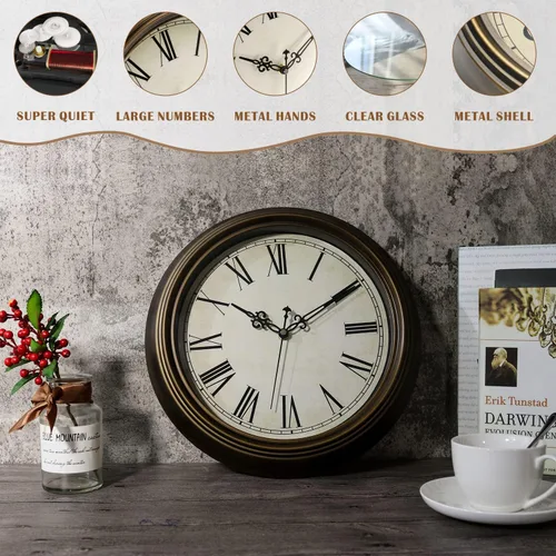 Miniatura 3 de Plumeet Reloj de pared de metal grande, 13 pulgadas, sin tictac, clásico, retro, silencioso, de hierro, decorativo, cocina, sala de estar, Marrón