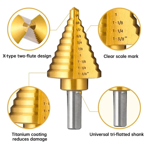 Miniatura 2 de Broca escalonada de titanio, broca de paso de 1/4" a 1-3/8" para metal, juego de 10 tamaños de broca escalonada HSS Unibit