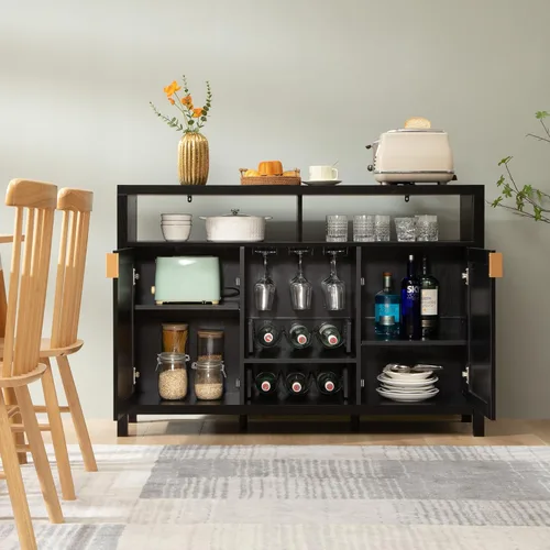 Miniatura 5 de SICOTAS - Gabinete de barra de café de ratán, aparador de buffet de 51" con almacenamiento, gabinete de licor moderno con estantes para vino