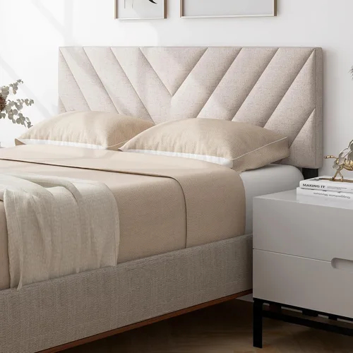 Miniatura 4 de KOMFOTT - Cabecera tapizada en tela de lino para cama tamaño Full/Queen, cabecera rectangular con patas de madera maciza y ancho ajustable, cabecera