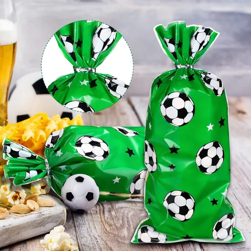 Miniatura 3 de Blulu 100 bolsas de regalo de fútbol, celofán de fútbol, bolsas de golosinas de celofán sellables con calor, bolsas de dulces de fútbol con 100 Verde