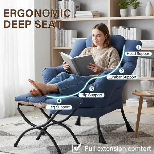 Miniatura 4 de Welnow - Silla perezosa con otomana, moderna silla de descanso con reposabrazos y bolsillo lateral, sillón de sofá tapizado de ocio, sillón de Azul