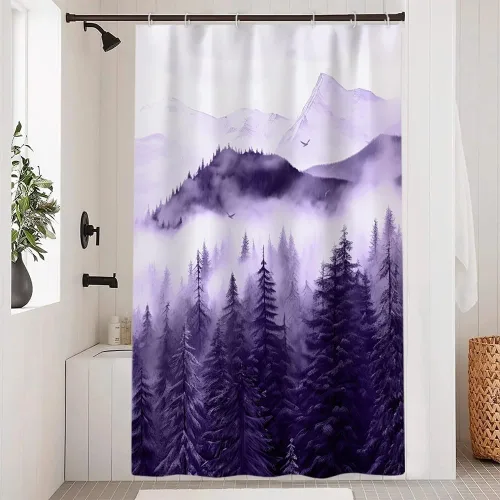 Miniatura 16 de Cortina de ducha pequeña en blanco y negro, juego de cortina de ducha de bosque brumoso para baño, impermeable, decoración de baño de montaña