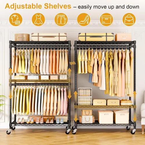 Miniatura 3 de ULIFHOME P5 Plus - Perchero resistente para colgar ropa, perchero de metal con ruedas, estante portátil de 3 niveles para armario de 45 pulgadas