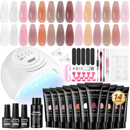 Miniatura 8 de JEWHITENY Kit de 14 piezas de gel de uñas poli, kit de gel de extensión poli, kit de iniciación con solución deslizante, juego de extensión