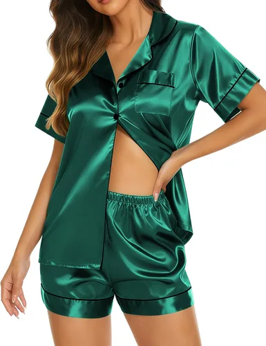 Miniatura 13 de Ekouaer Pijamas de seda para mujer, ropa de dormir de manga corta, suave, con botones, ropa de descanso, 2 piezas, pijama de satén, conjunto