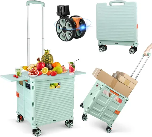 Miniatura 23 de FELICON SELORSS Carro de Utilidad Plegable Carro de Mano Plegable con Mango Telescópico de Plástico Resistente Cesta Plegable de 4 Ruedas Giratorias