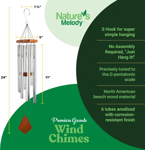 Miniatura 6 de Campanillas de Viento Nature's Melody Premiere Grande Tunes – Campanillas de Viento para Exteriores con 6 Tubos Afinados en Escala Pentatónica