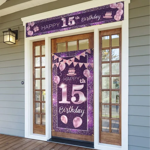 Juego de carteles de feliz cumpleaños 15 para puerta, porche, decoraciones de cumpleaños de 15 años, suministros de fiesta para niñas, color morado