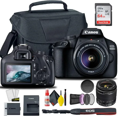 Canon Cámara DSLR EOS 4000D/Rebel T100 con lente de 0.709-2.165 in + juego de filtros creativos, bolsa para cámara EOS + tarjeta Sandisk Ultra de 64