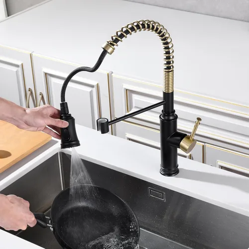 Miniatura 5 de Sumerain Grifo de fregadero de cocina con rociador de resorte extraíble con boquilla giratoria de 360° y mango de un solo nivel, negro y dorado