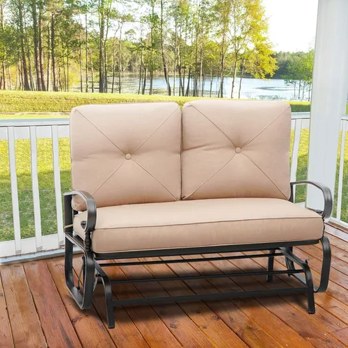 Miniatura 2 de Banco de Patio, Columpio Deslizante de Porche Sofá de Dos Plazas Mecedora para Exteriores, Silla de Marco de Acero con Cojín Grueso (Marrón)