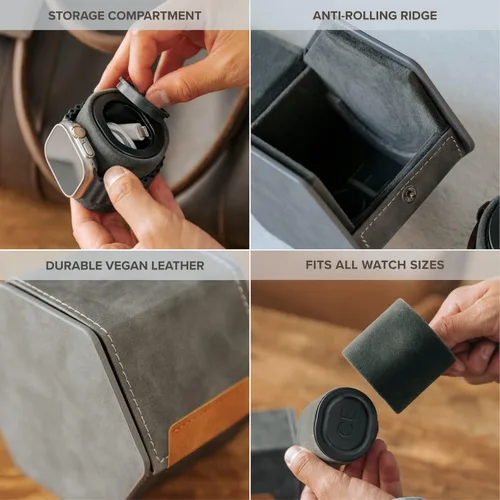 Miniatura 9 de Funda protectora de viaje para reloj de 1 ranura, organizador de relojes de alta calidad, con cuero vegano, almohada ajustable para cualquier reloj
