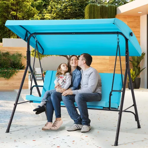 Miniatura 6 de Columpio de patio de 3 asientos, columpio al aire libre con cojines extraíbles, columpio de porche con toldo ajustable para patio trasero, porche