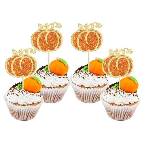 Miniatura 10 de Gyufise 24 piezas de decoración de cupcakes de calabaza con purpurina para temática de otoño, Acción de Gracias, Halloween, baby shower, niños
