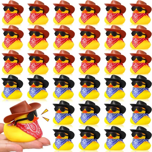 Sosation Juego de 36 mini patos amarillos de goma de vaquero de juguete de baño con sombrero de vaquero, pañuelos de cachemira, gafas de sol,