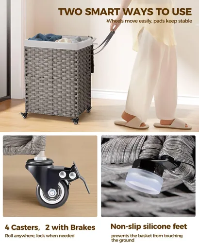 Miniatura 28 de GREENSTELL Cesta para ropa sucia con ruedas y tapa, 130 L, cesta grande de 3 secciones con 2 tipos de bolsas de forro extraíbles, 5 bolsas de malla
