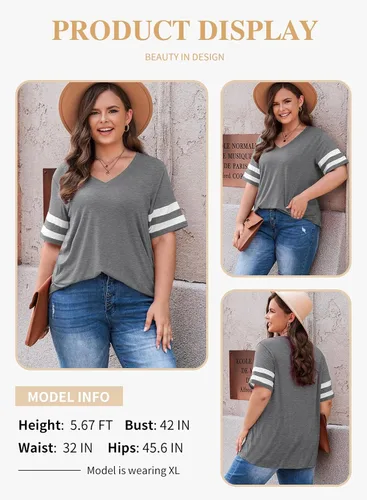 Miniatura 31 de Eytino Blusas de talla grande para mujer, cuello en V, manga corta, a rayas, casual, holgada, con bolsillo (1X-5X)