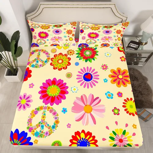 Miniatura 31 de Juego de ropa de cama con diseño floral bohemio, tamaño individual, diseño retro de flores groovy, 60S y 70S, diseño de flores hippie para niños