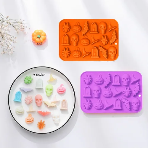 Miniatura 3 de VICDUEKG Molde de chocolate de Halloween, 2 piezas de molde de silicona para hornear de Halloween, calabaza, murciélago, calavera, molde de silicona