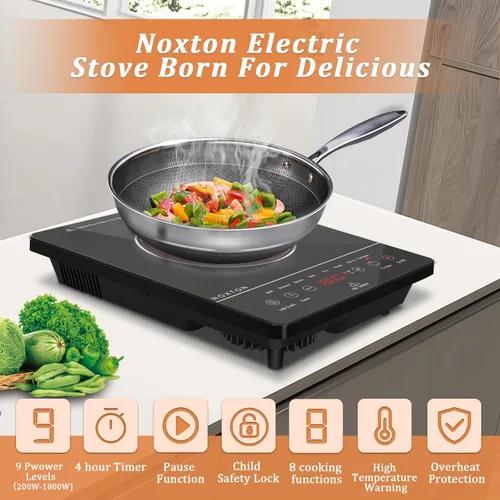 Miniatura 2 de Noxton Estufa eléctrica portátil de 110 V, 1800 W, estufa eléctrica de un solo quemador, placa de cocción eléctrica, temporizador de 4 horas, 9
