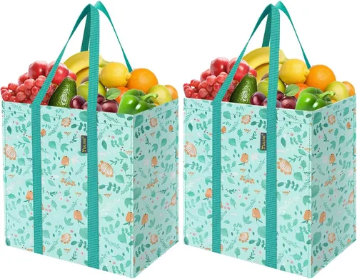 Miniatura 14 de BALEINE 2 PK Grocery Bags Reusable Shopping Bags with Reinforced Bottom, Heavy Duty Foldable Tote Bags (Antique Folidage)