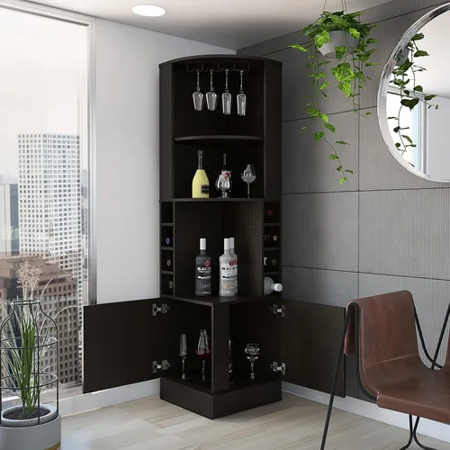 Miniatura 5 de FM FURNITURE The Seattle - Armario esquinero para bar con 3 estantes abiertos, estante de cristal, 8 cubos de botellas y puertas dobles, color negro