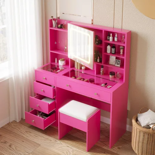 Miniatura 9 de Karl home Tocador de maquillaje con espejo iluminado, escritorio para dormitorio con estación de carga, juego de tocador grande con escritorio