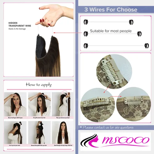 Miniatura 7 de Extensiones de cabello humano real, cabello lacio marrón chocolate de 12 pulgadas con alambre oculto y línea de pescado transparente
