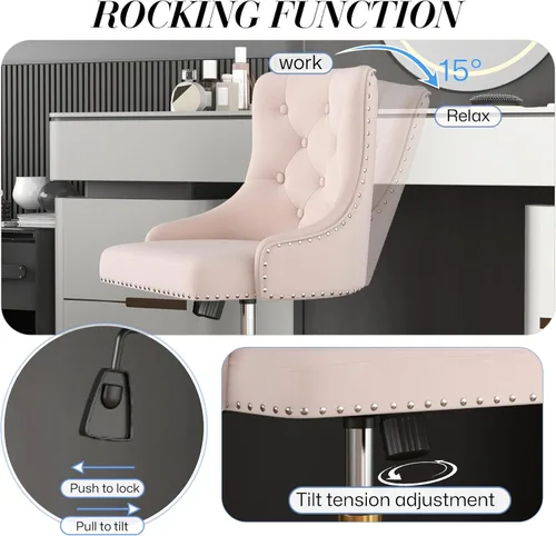Miniatura 5 de Silla de escritorio de oficina en casa de terciopelo sin brazos, silla giratoria de tocador pequeña y linda ajustable en altura para mujeres/niñas