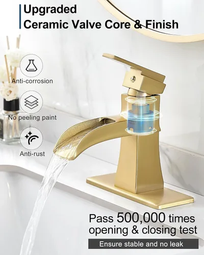 Miniatura 4 de Grifo de cascada de latón, grifo de baño dorado cepillado, mango único para un agujero o 3 agujeros de 4 pulgadas con desagüe emergente, mangueras